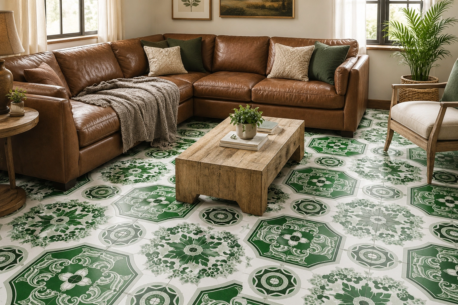 Cerámica geométrica Cuernavaca Verde 43x43 cm brillante para pisos interiores y áreas sociales