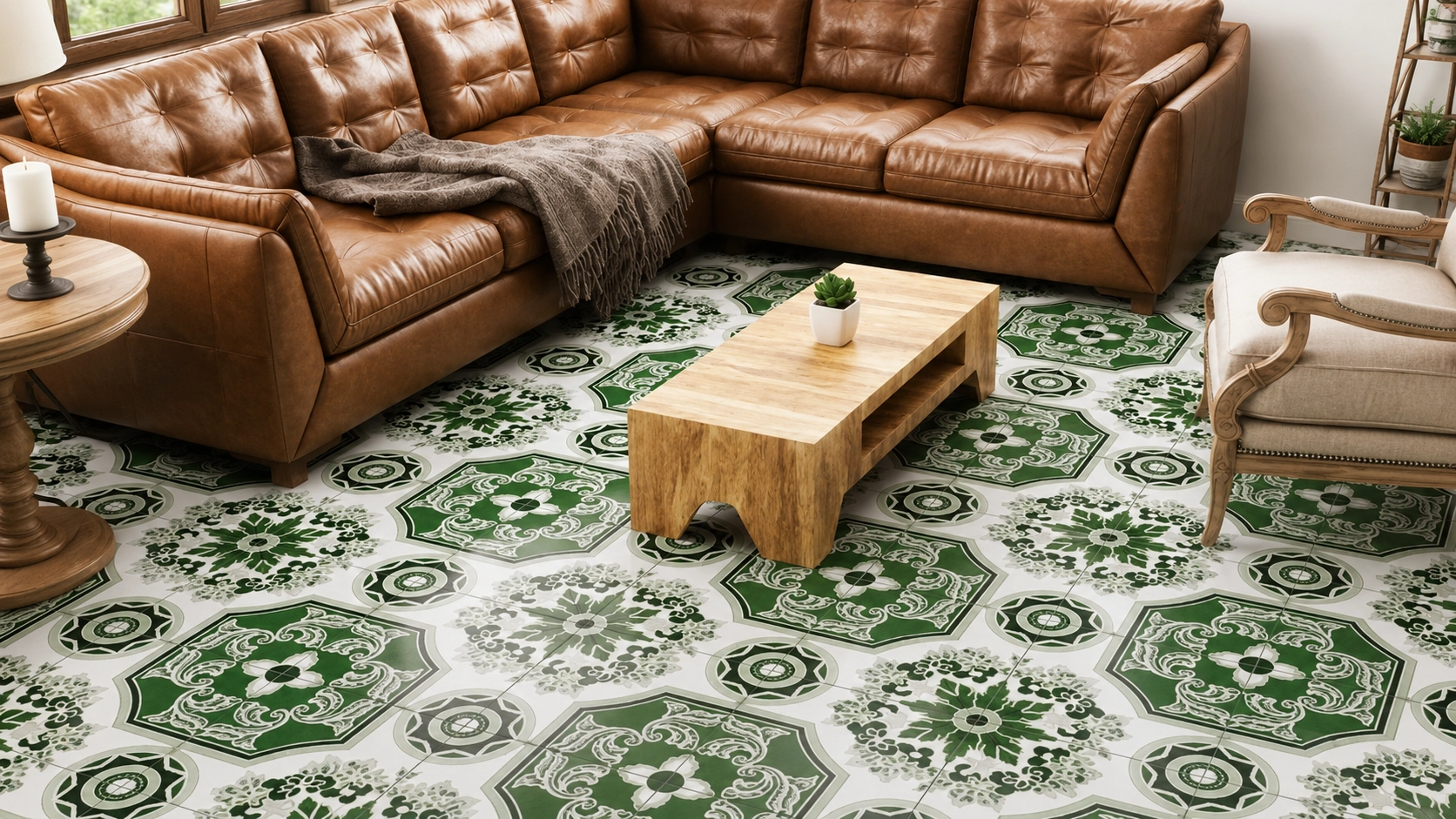 Cerámica geométrica Cuernavaca Verde 43x43 cm para pisos decorativos salas y corredores